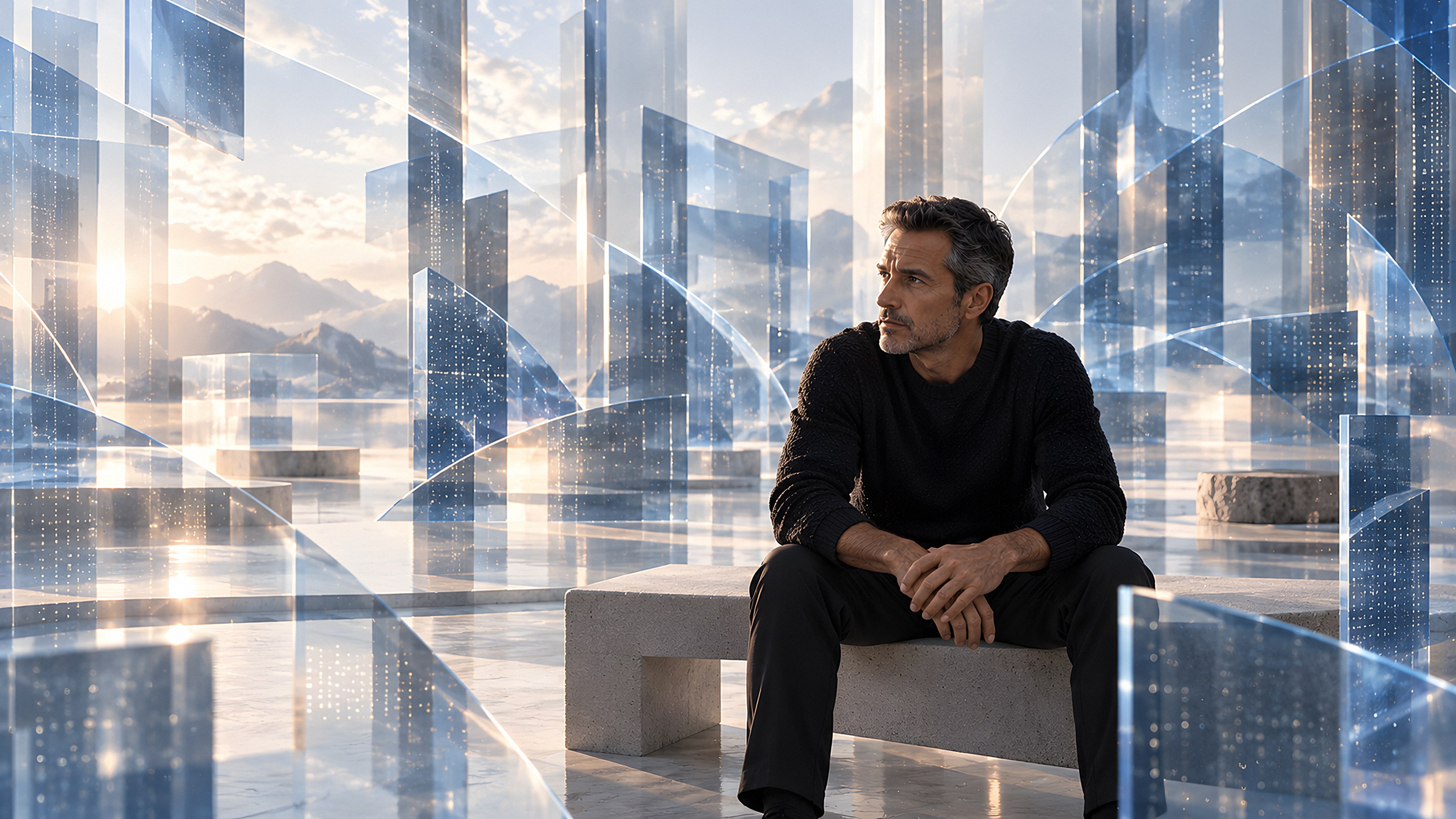 A man in his forties or fifties sits on a concrete bench, surrounded by many misaligned panes of blue glass.