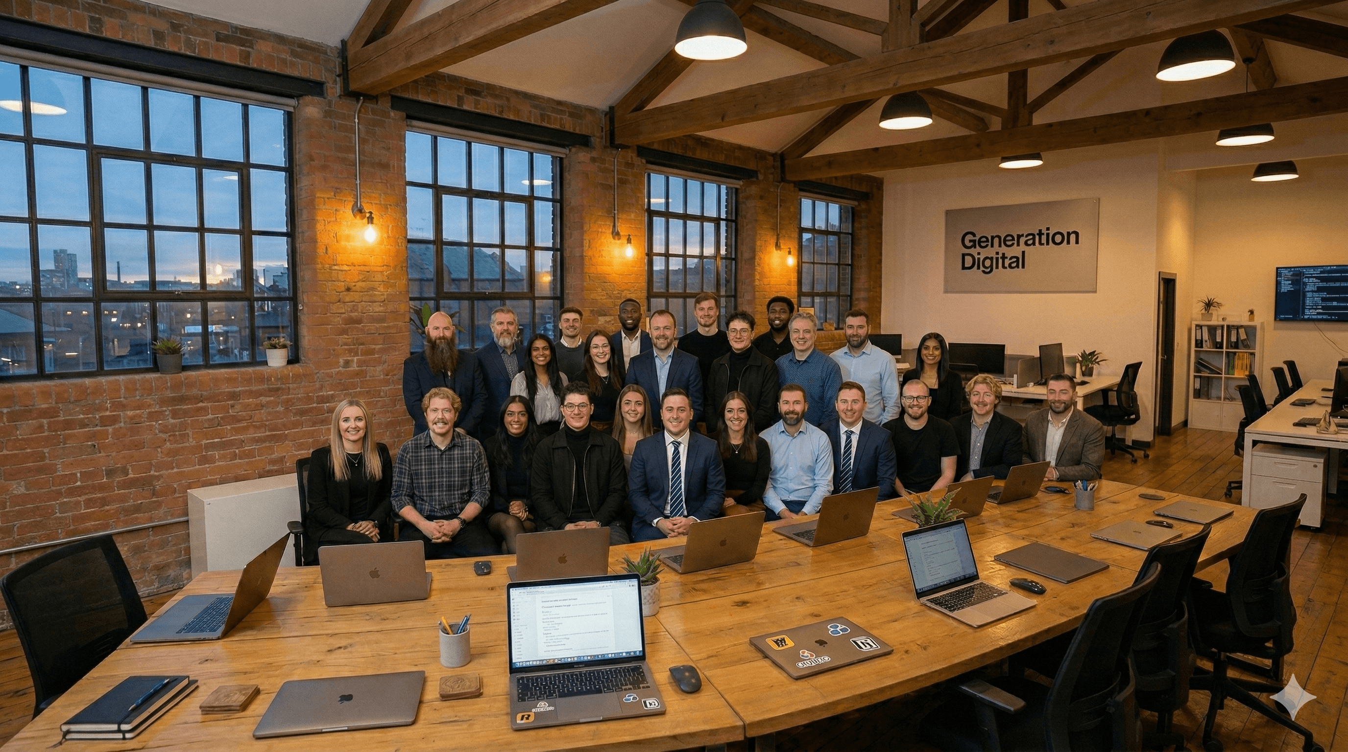 A diverse team collaborates in a modern office, utilizing dual screens displaying Figma design components and code, illustrating a seamless code-to-design workflow with a city skyline visible through large windows.