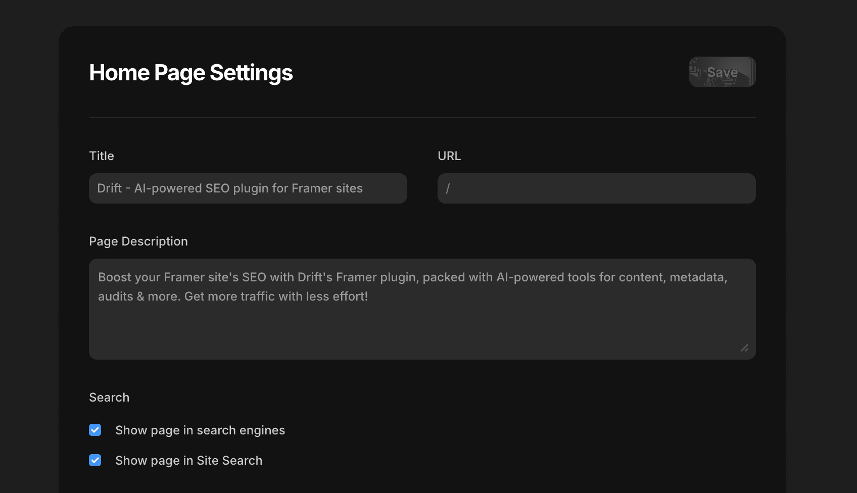 The Description and Title SEO Settings in a Framer Site
