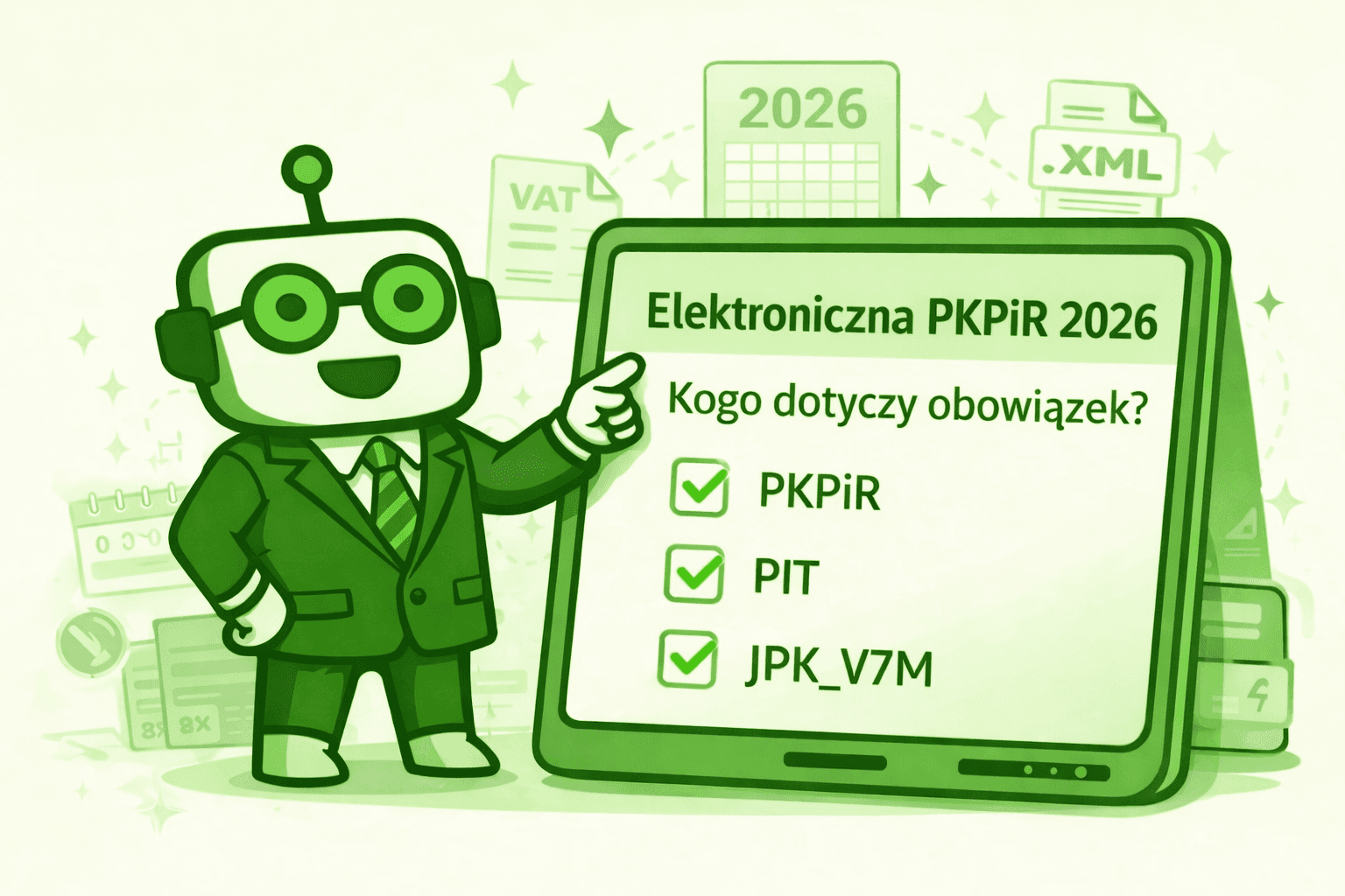 Robot księgowy wskazuje ekran z Elektroniczną PKPiR 2026 i obowiązkami podatkowymi