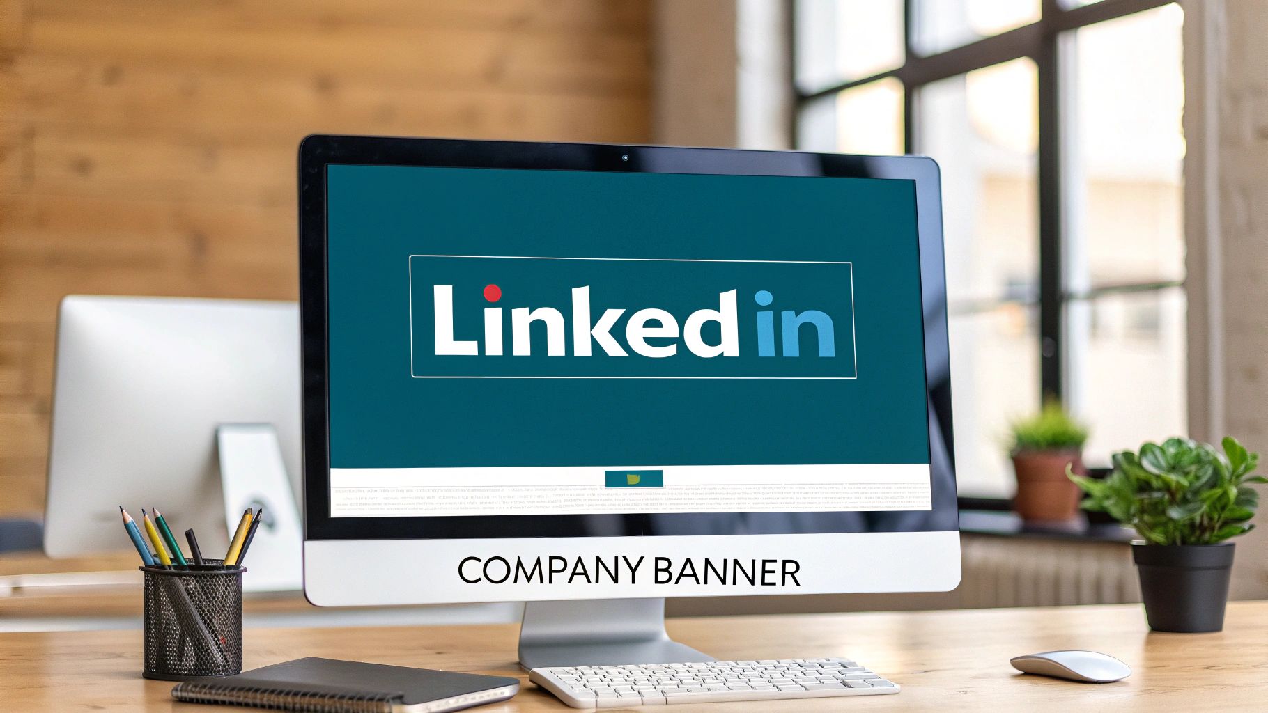 A desktop computer monitor prominently displays the LinkedIn logo on a blue screen, with a 'COMPANY BANNER' written below.