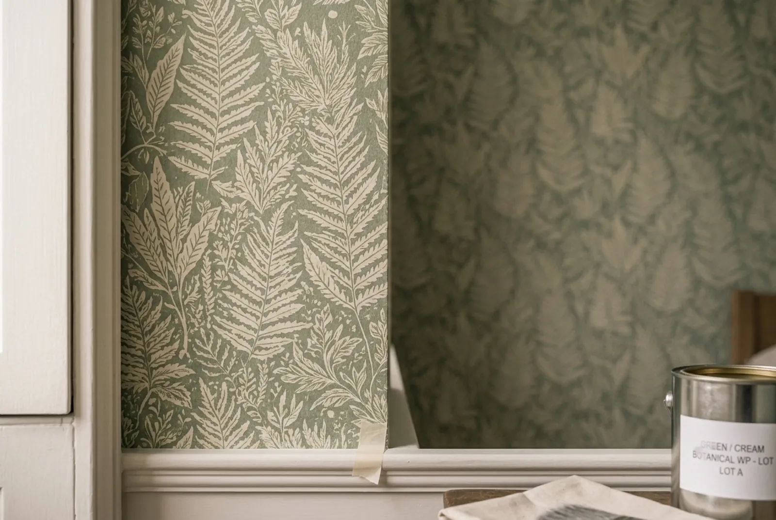 Close-up of the fern wallpaper showing a perfectly matched seam