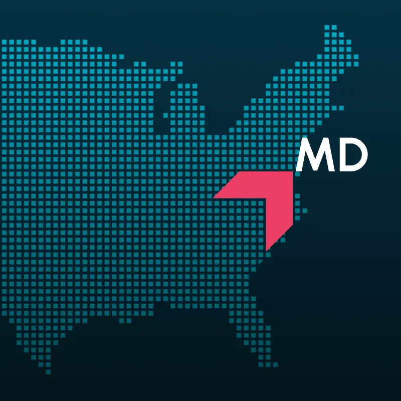Map highlighting Maryland with a red arrow, representing GIA Group, LLC truck insurance coverage area.