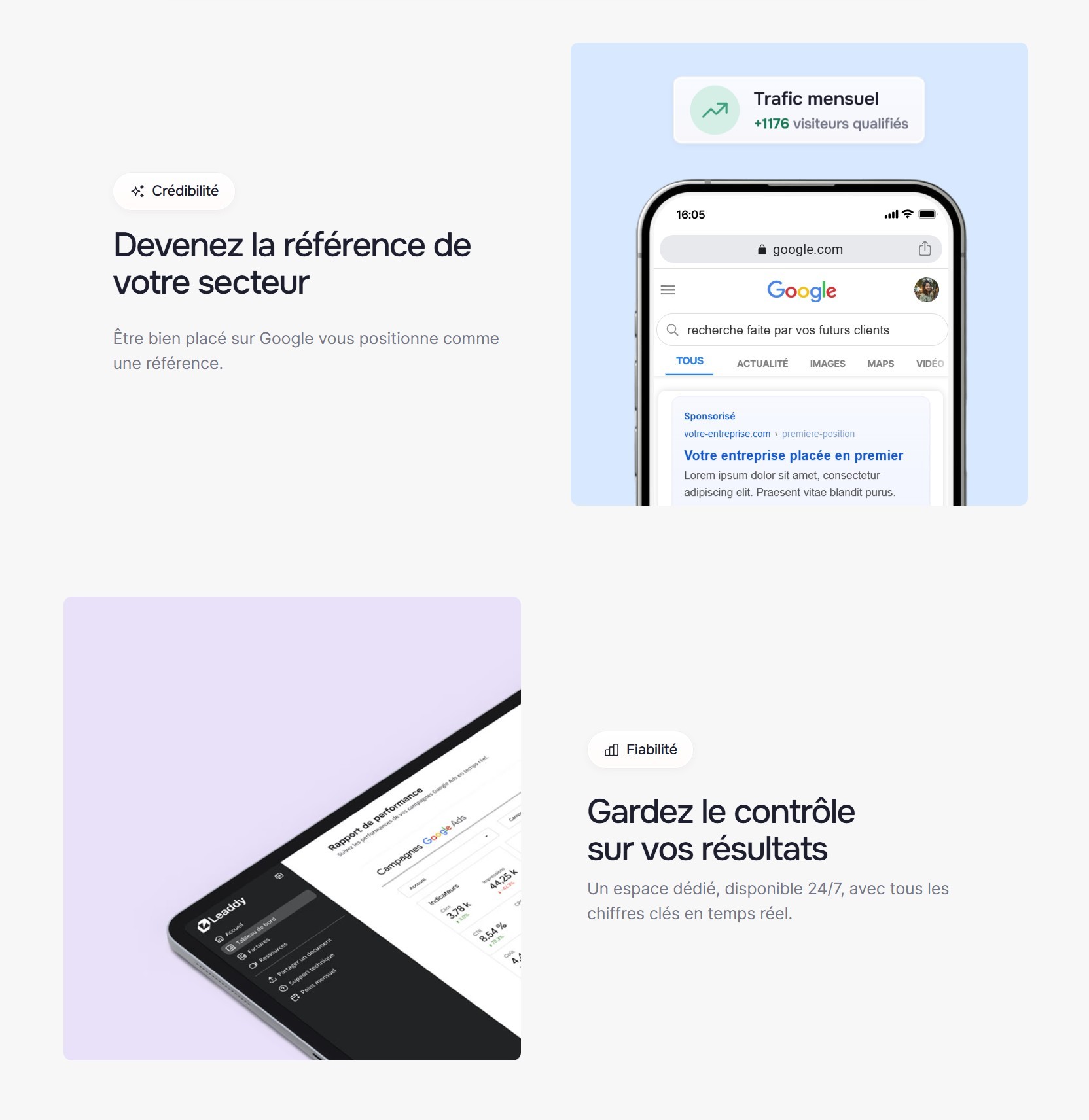 section bénéfices suite landing page leaddy