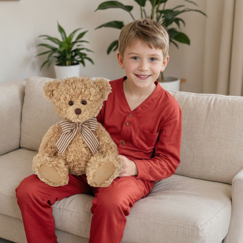 10 year old boy wearing red pyjamas holding a teddy bear on a white sofa in a living room