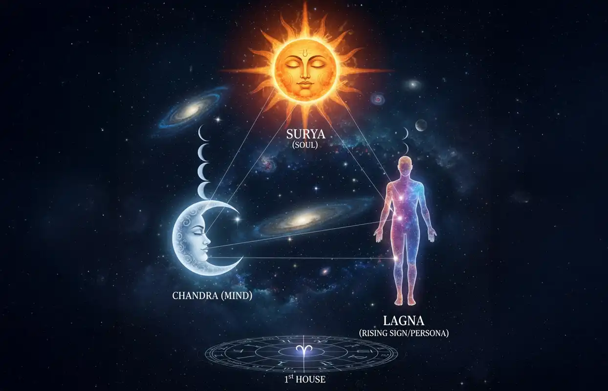 A visual representation of the 'Big Three' in Vedic astrology, showing the glowing astrological symbols for the Sun (Surya), Moon (Chandra), and Ascendant (Lagna) interconnected against a cosmic nebula.