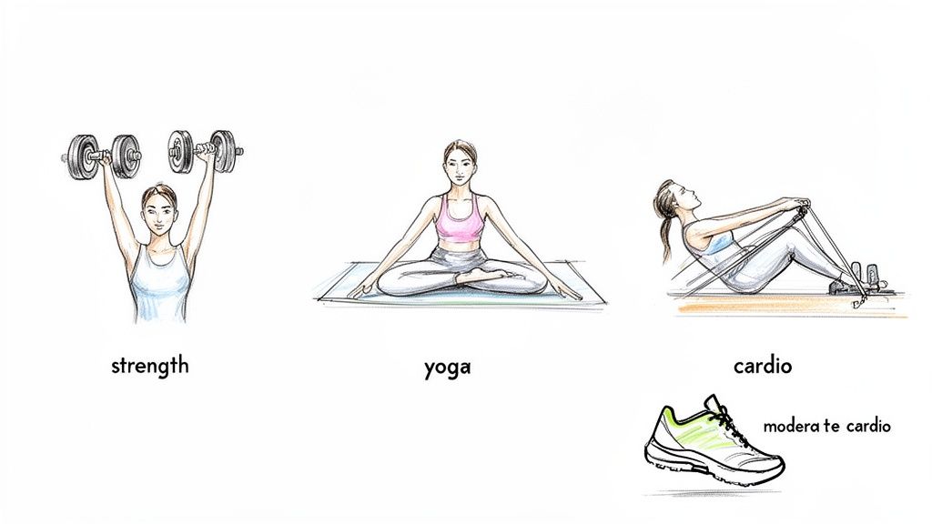 Illustrations of a woman performing strength training, yoga, and cardio exercises, along with a running shoe.