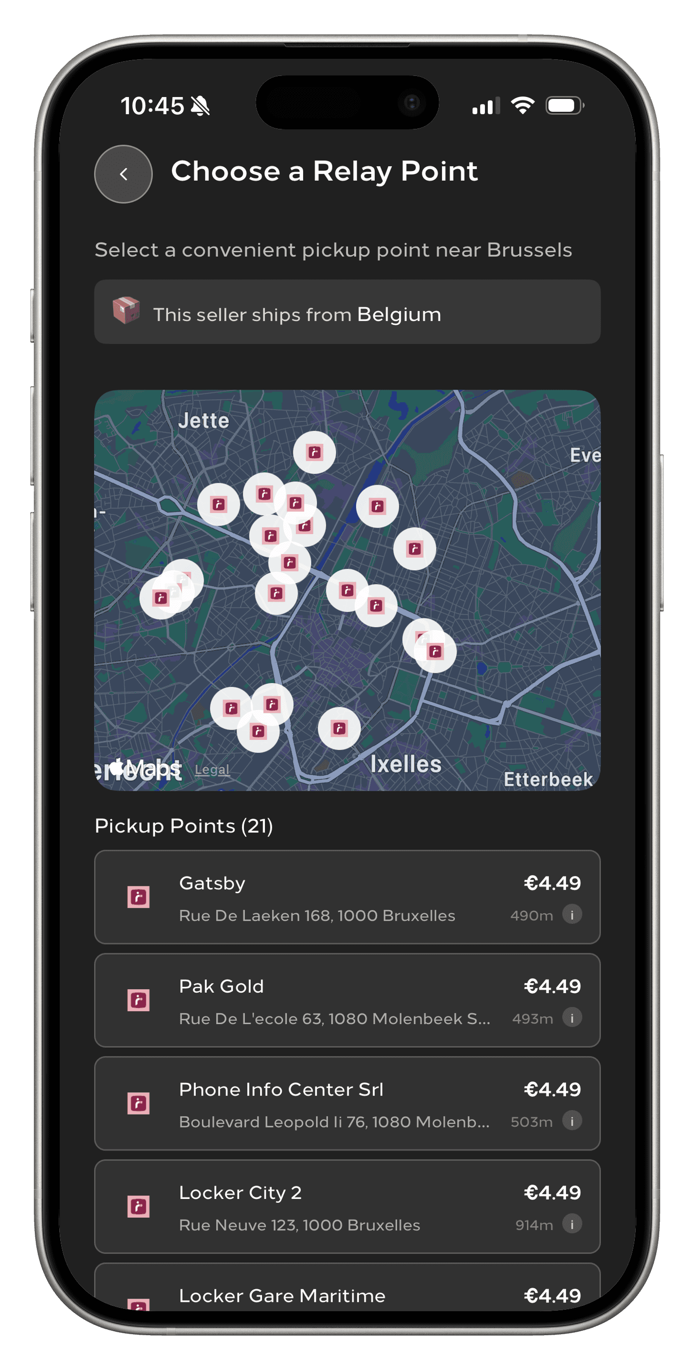 DWICE app showing relay pickup points with integrated shipping for secure vinyl trading.