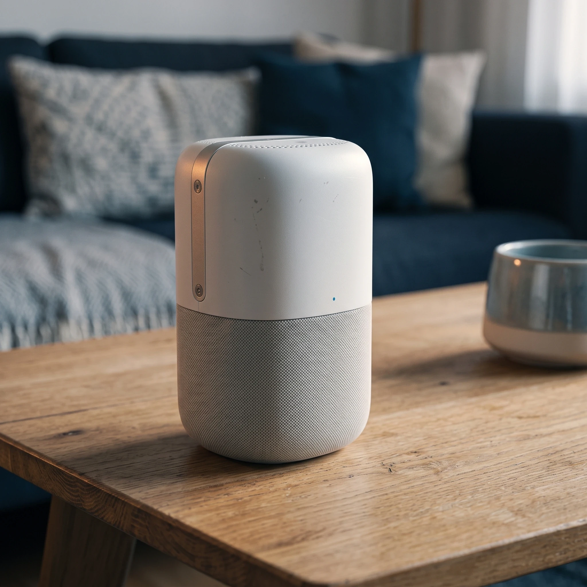Smart speaker on a wooden table with a blue sofa in the background
