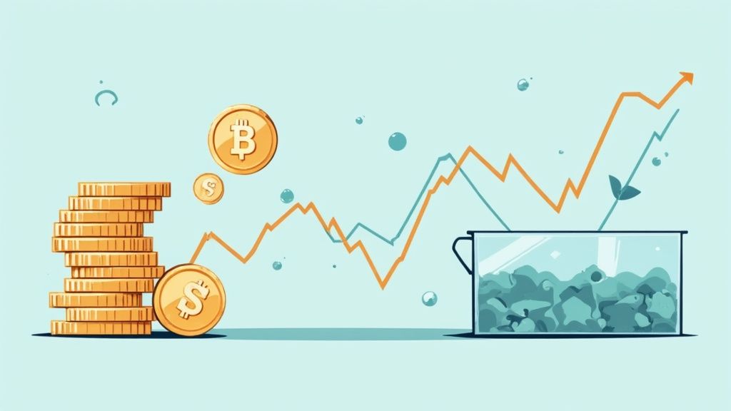 A digital illustration showing fluctuating graphs and cryptocurrency symbols, representing the dynamic nature of crypto lending rates.