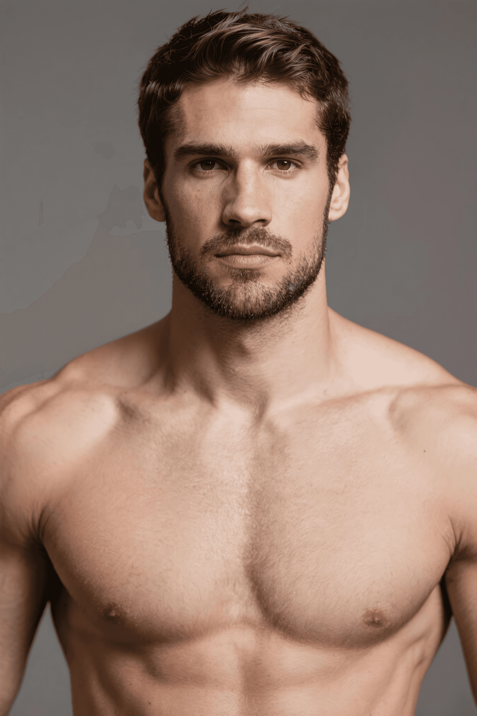 A shirtless male model poses against a neutral background, showcasing a confident expression and athletic physique.