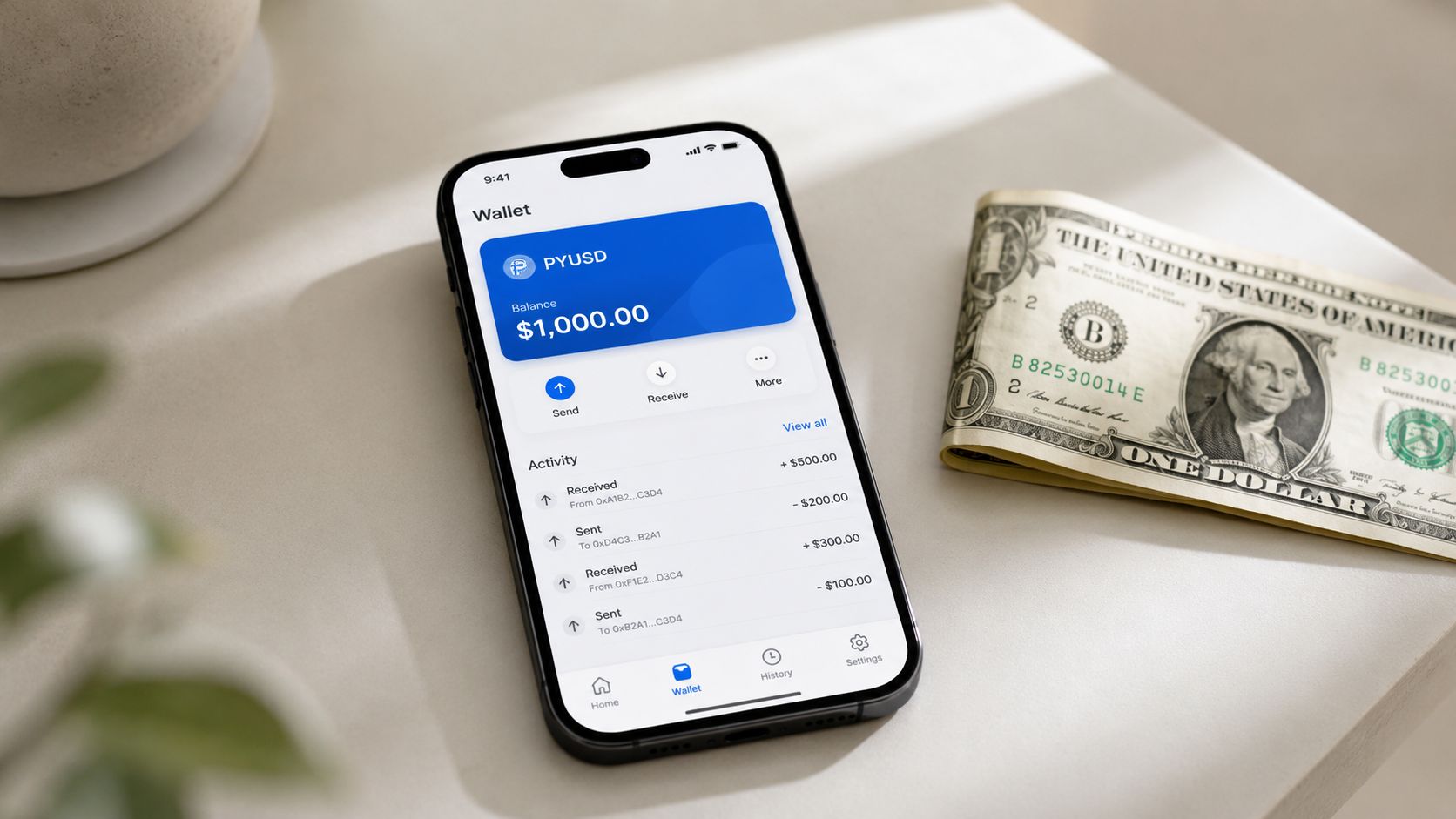 A smartphone screen displaying a cryptocurrency wallet app with PYUSD balance next to a physical one dollar bill.