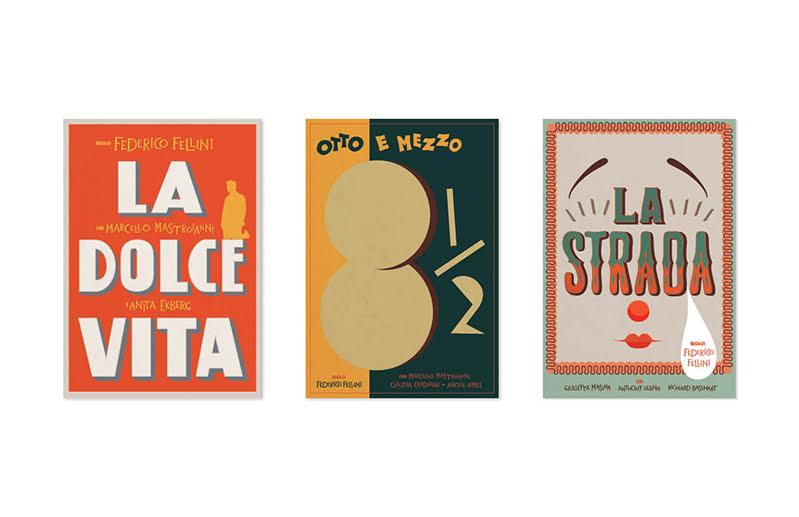 Different poster designs that read: La dolce vita, Otto E Mezzo 1/2 and La Strada.