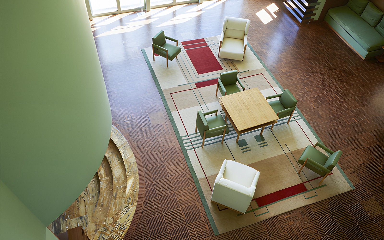 卡夫洛伊別墅內部配有現代座椅和幾何圖案地毯設計。