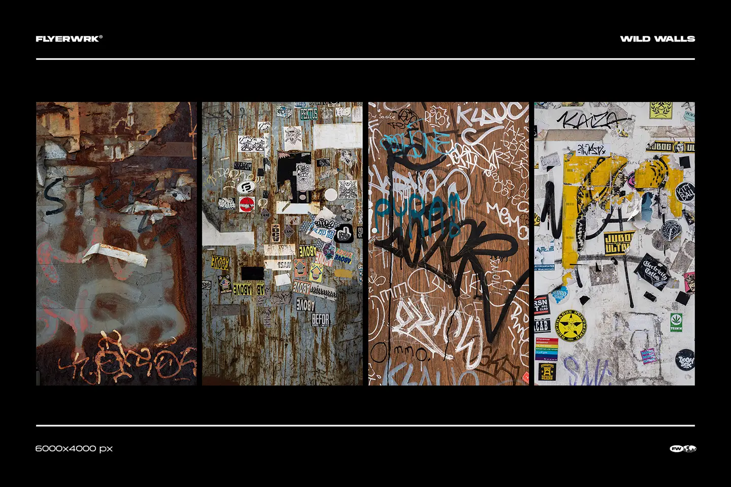 Wild Walls urban backgrounds featuring rusted metal surfaces and wood panels covered in street art stickers