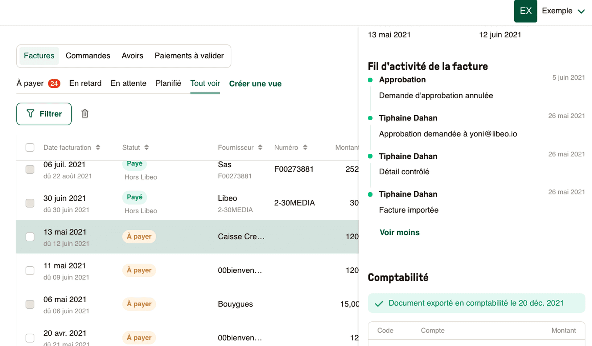 fil d'activité facture