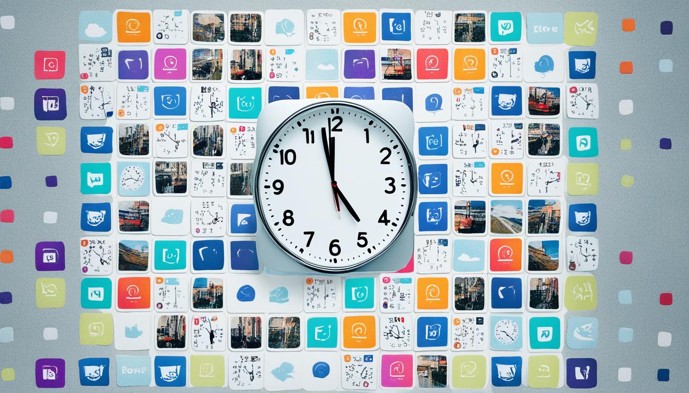 A grid of 9 squares, each with a different colored background and a clock icon in the center. Each clock icon is set to a different time, indicating the schedule for posting on Instagram. In the center square, a hand is hovering over a button labeled "Schedule" on a phone screen, indicating the ease of using this feature for social media strategy.