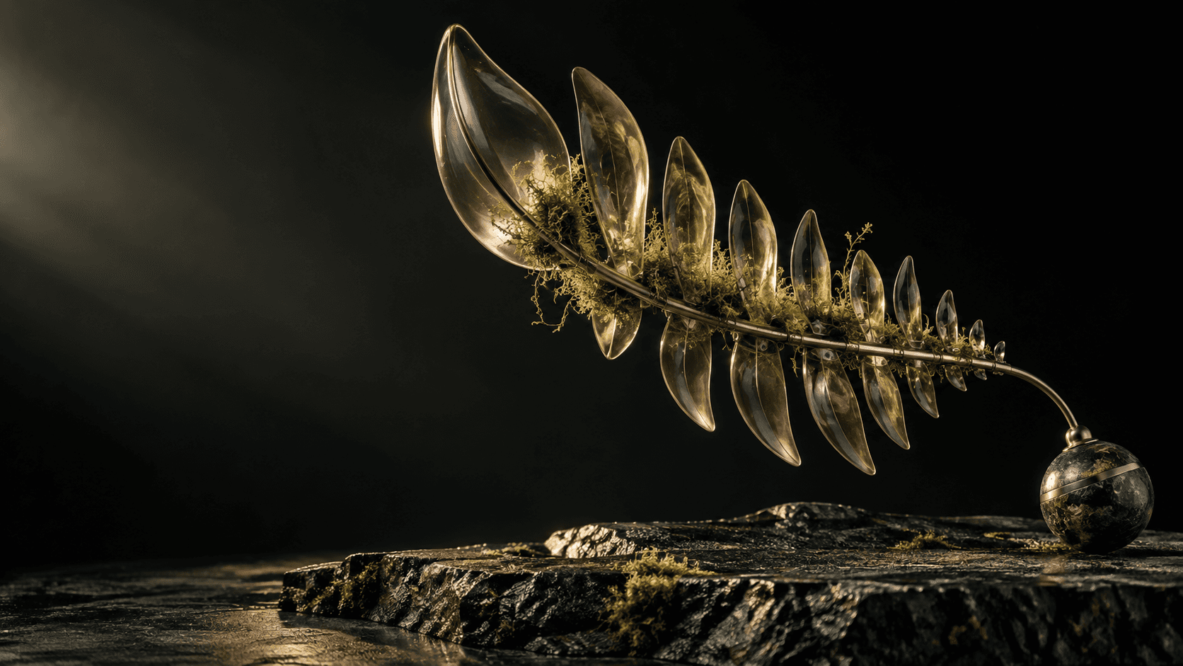 Original translucent olive glass seed-fin sculpture along a brushed pewter spine above a dark mineral base.