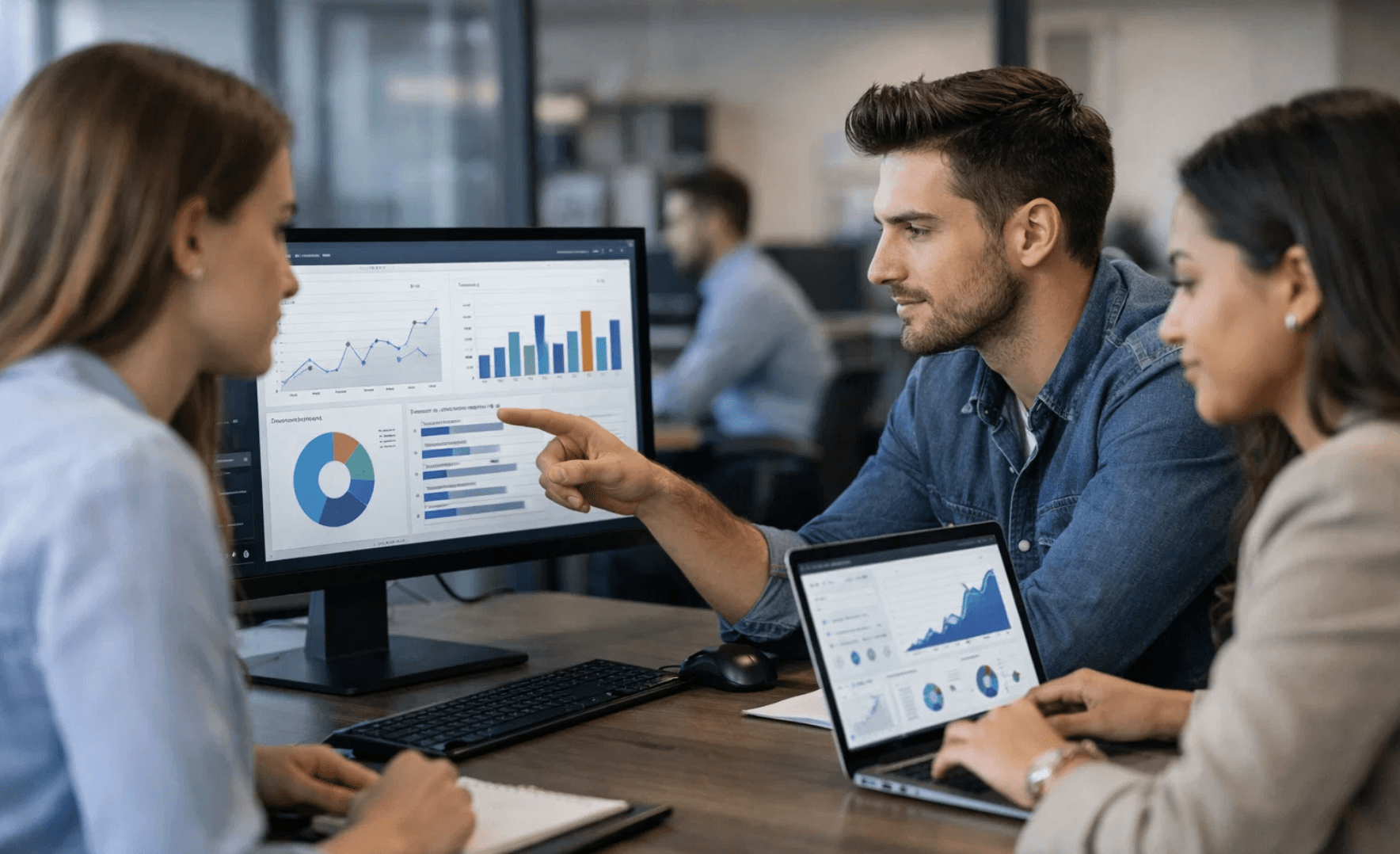 Professionnels issus d’un master en marketing analysant des données et des tableaux de bord de performance, illustrant les débouchés en marketing et performance après un master en marketing.