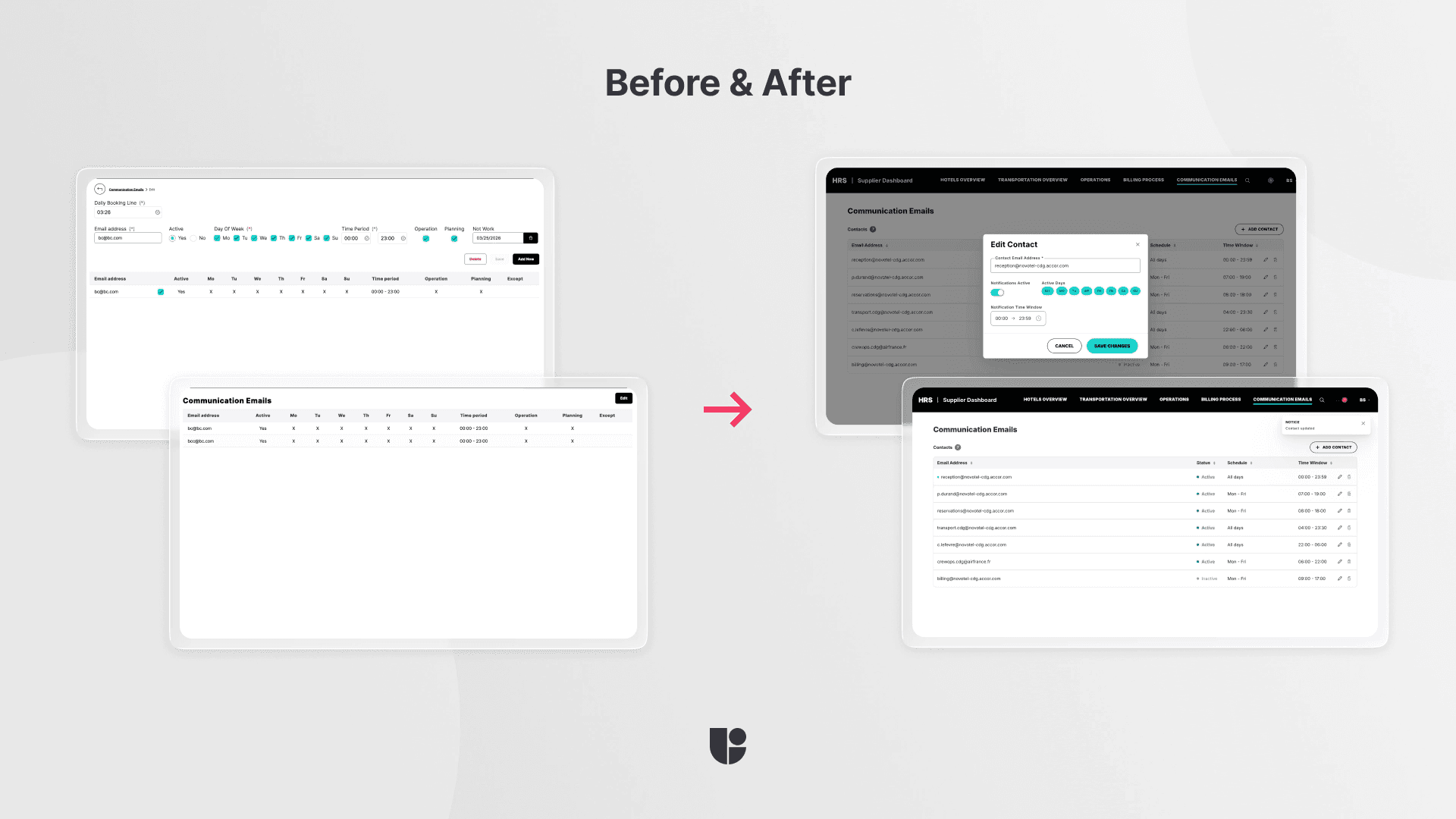 Showing the results from the initial design with UX problems to final design that is created, test, and validated with Claude and Useberry. 