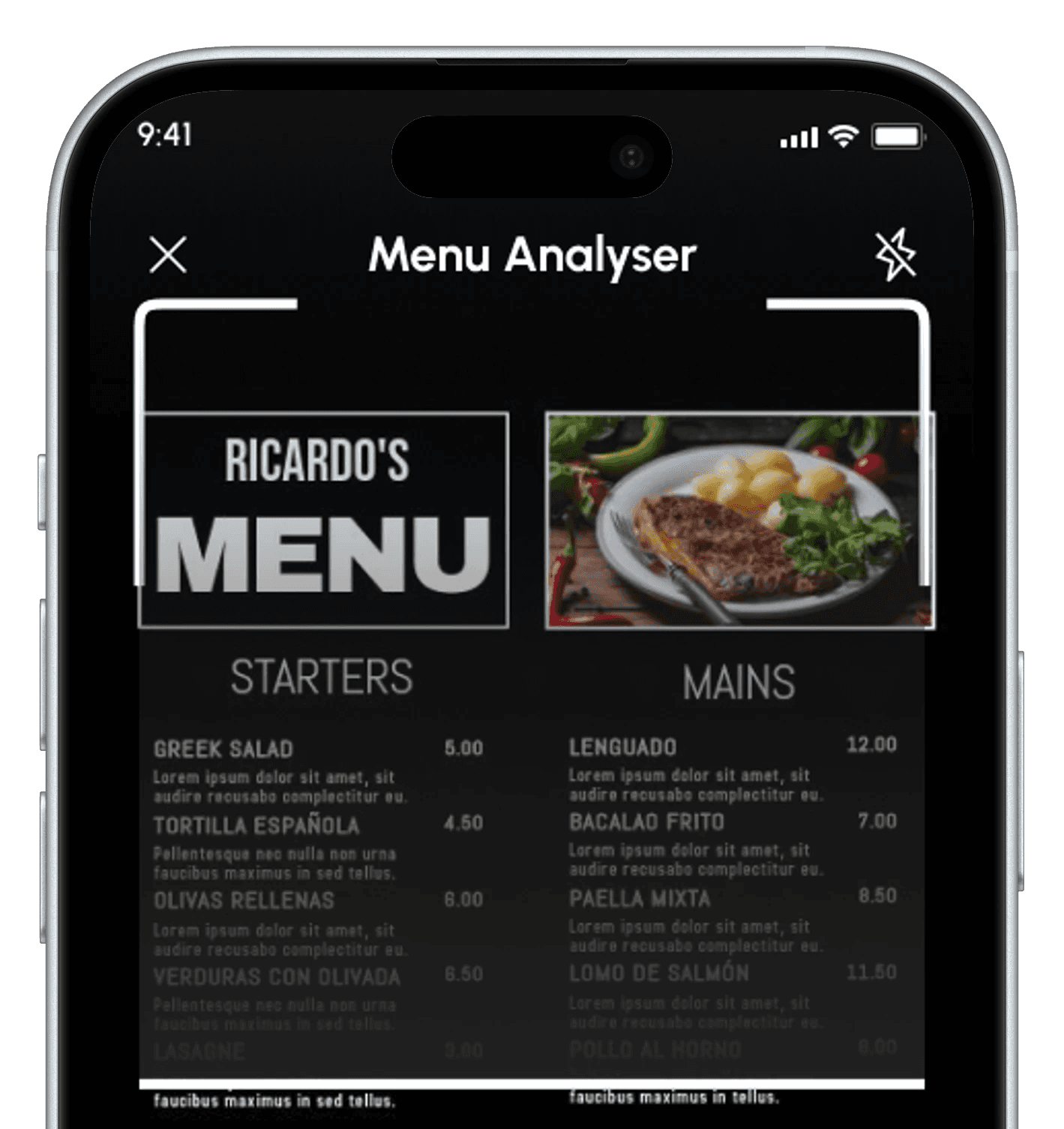 AI menu analysis in the MyMacroGo nutrition app displaying macros.