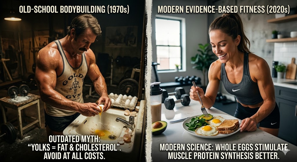 A split-panel illustration showing an old-school bodybuilder discarding egg yolks (left, representing 1970s myths) and a modern athletic physique enjoying whole eggs (right, representing modern science), with symbolic dramatic lighting and cinematic storytelling.