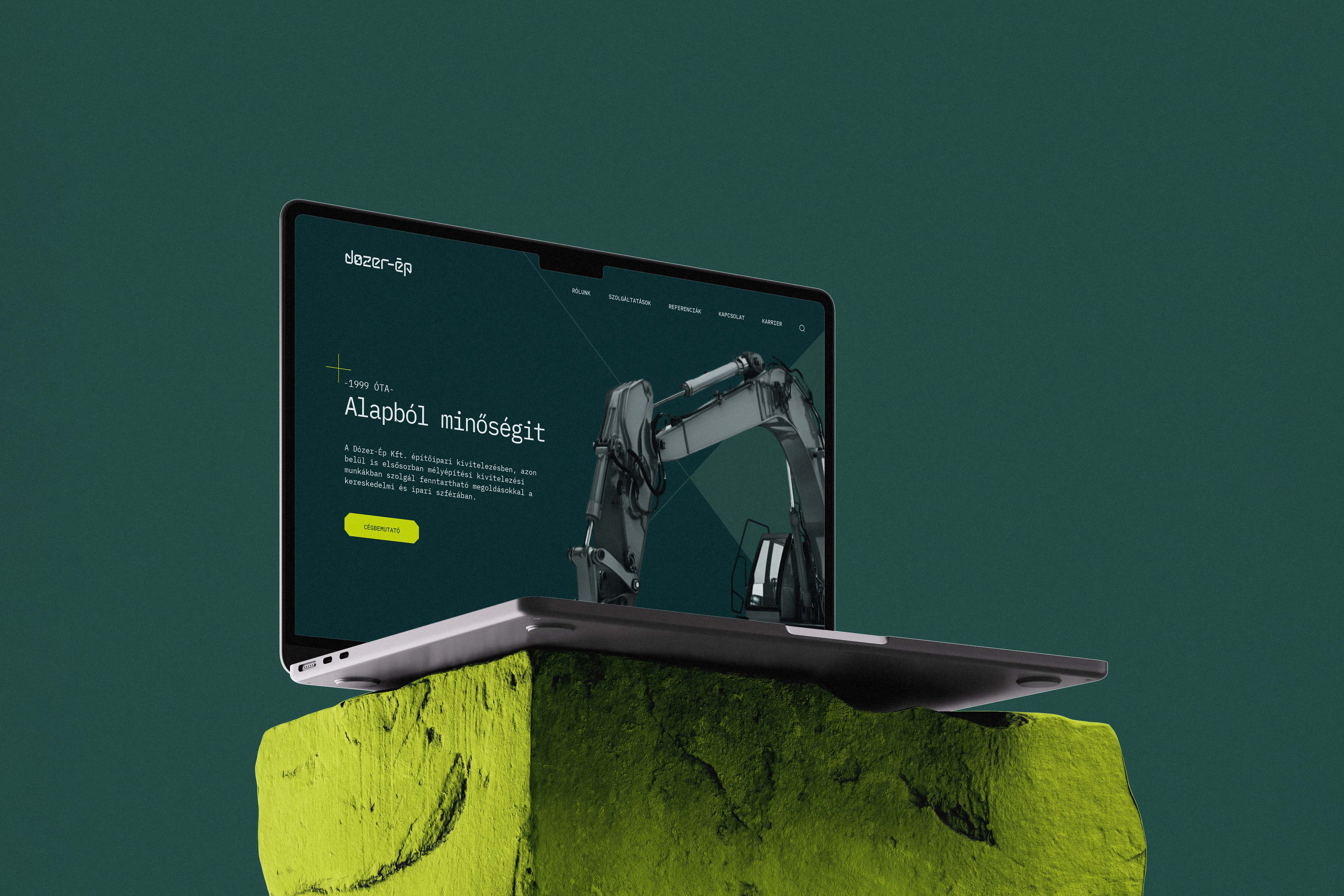 Laptop mockup showing website hero screen balanced on bright green rock pedestal - Dozer-Ép, a civil engineering brand identity.