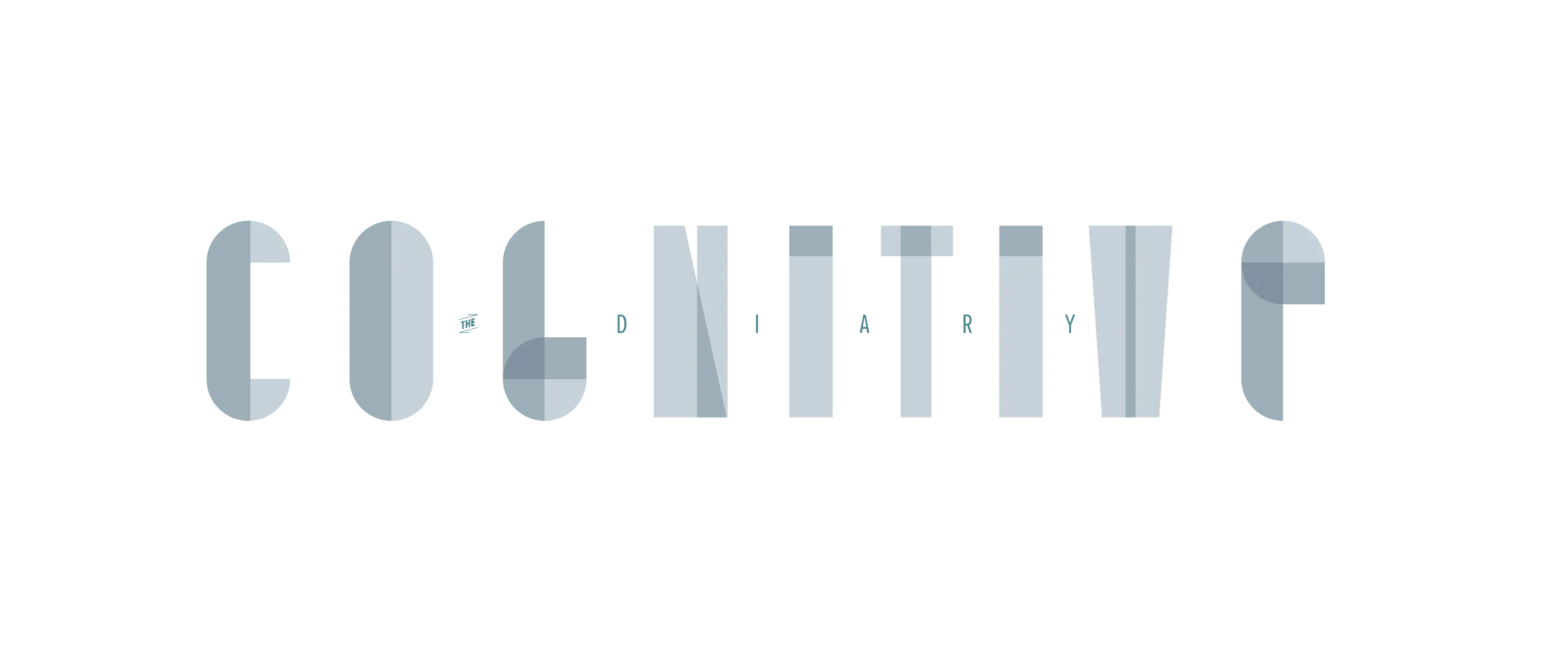 "The Cognitive Diary" — typographic lockup featuring large geometric letterforms spelling "COGNITIVE" in muted steel and slate tones, with "THE" and "DIARY" set smaller in teal, all on a black background. The letterforms use overlapping translucent shapes that give each character a faceted, dimensional quality.