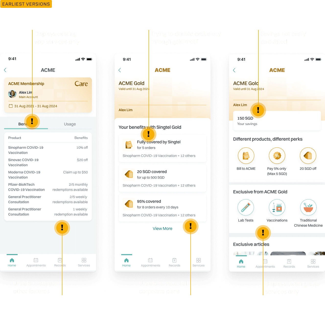 Displays early-stage sketches and wireframes for different sections of the healthcare benefits app including membership landing pages and benefit details.