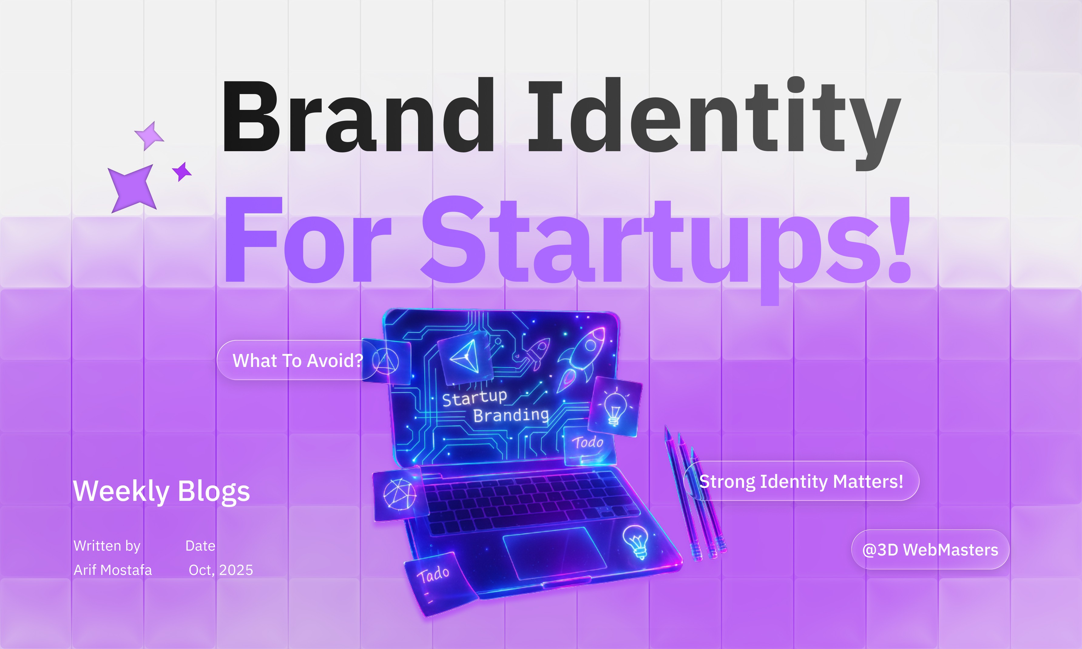 Brand identity for startups hero image showing a neon laptop and planning icons, created for a 3D WebMasters blog post.