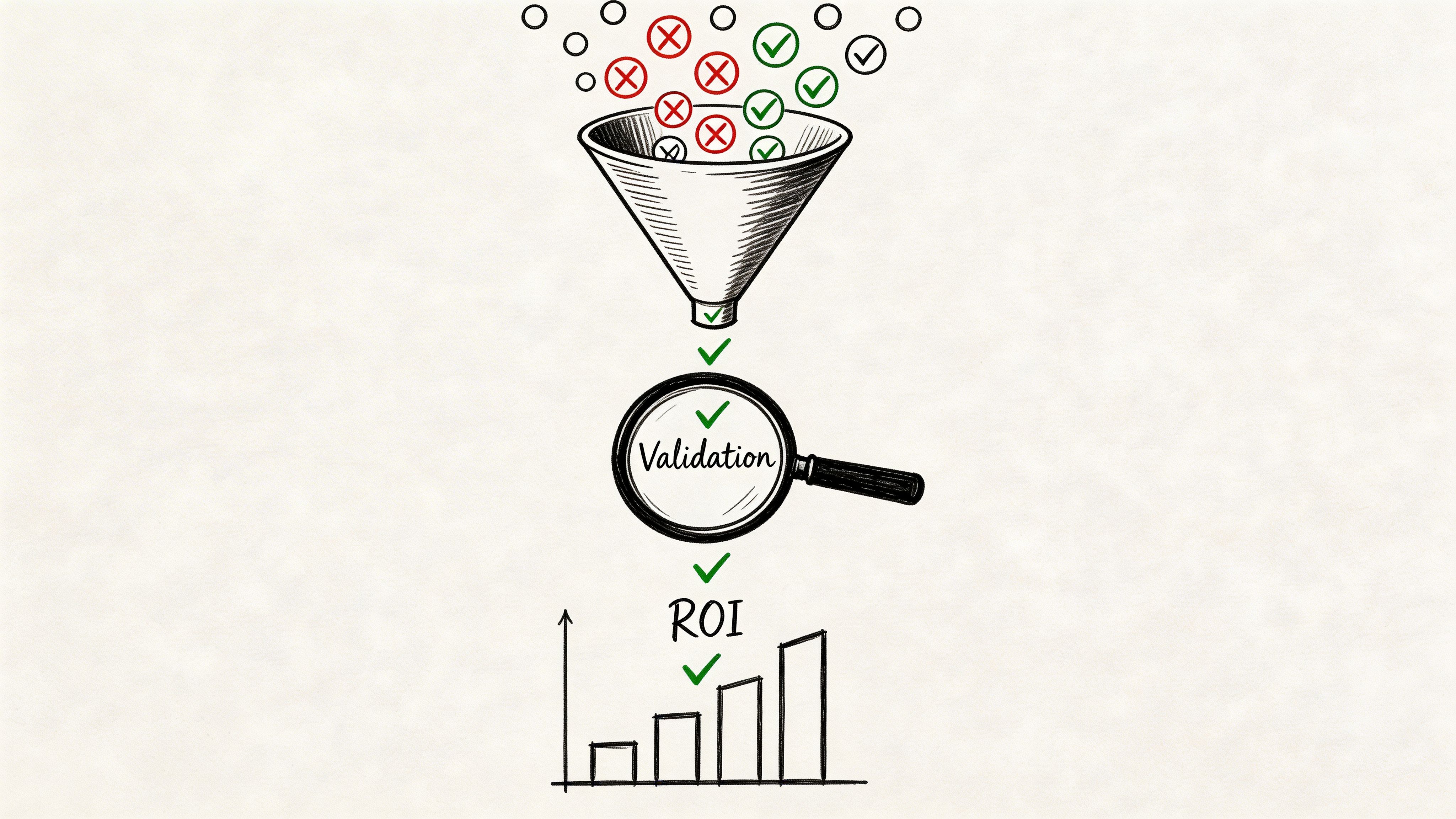 A conceptual diagram showing a funnel filtering data into a validation process, leading to increased ROI results.