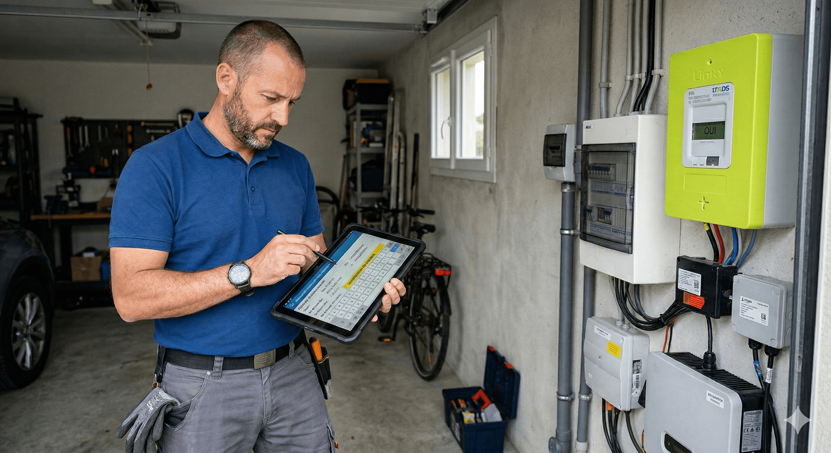 photo d'un installateur en train de vérifier des documents administratifs sur une tablette devant un compteur Linky 