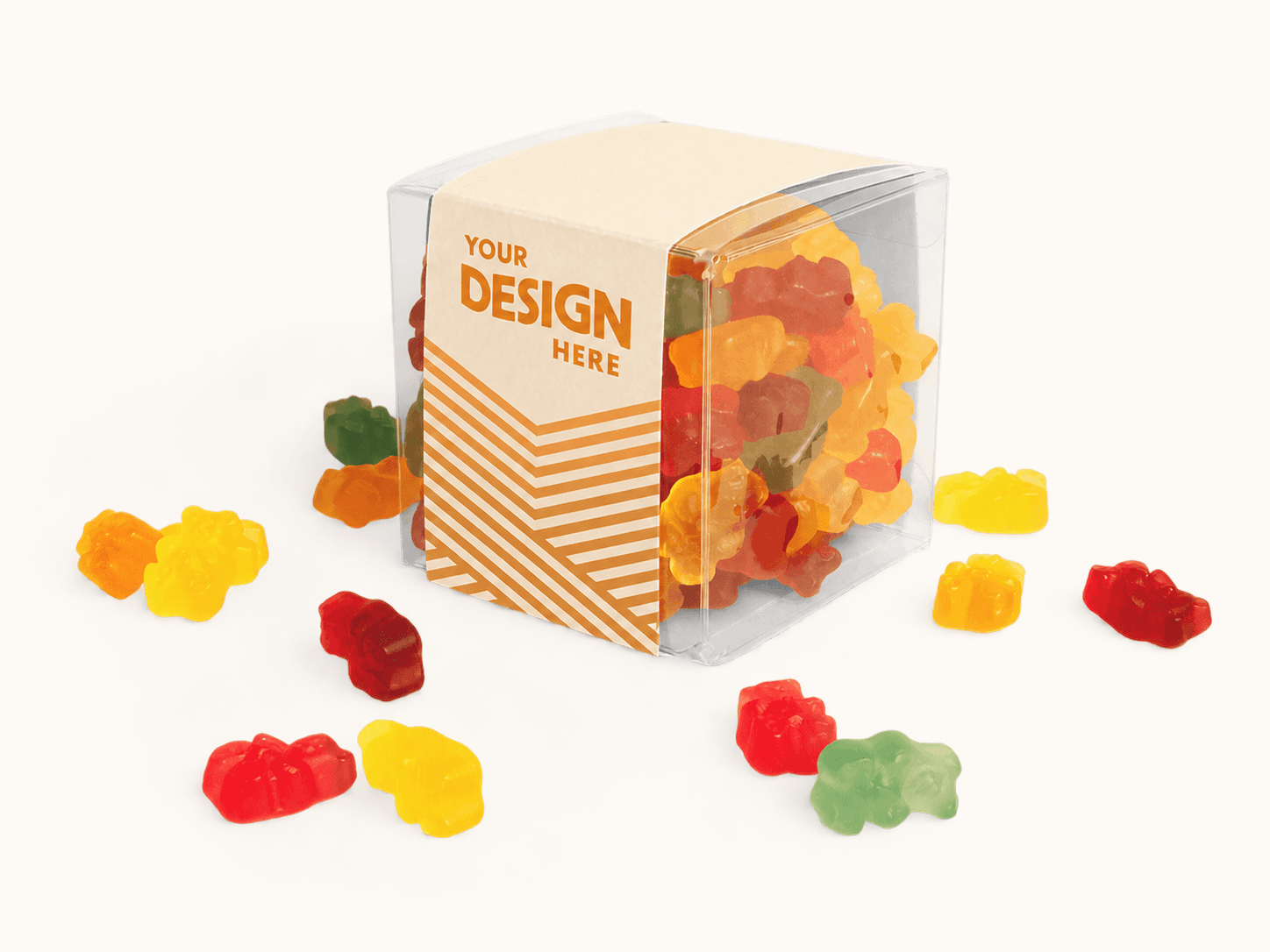 Gummy bears in a clear cube with a custom printed wrap