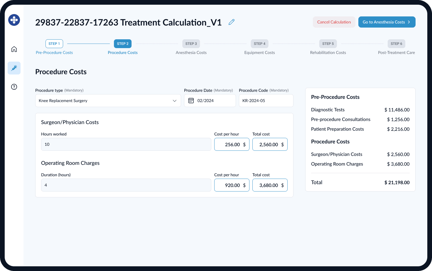 Treatment Calculation - Procedure costs