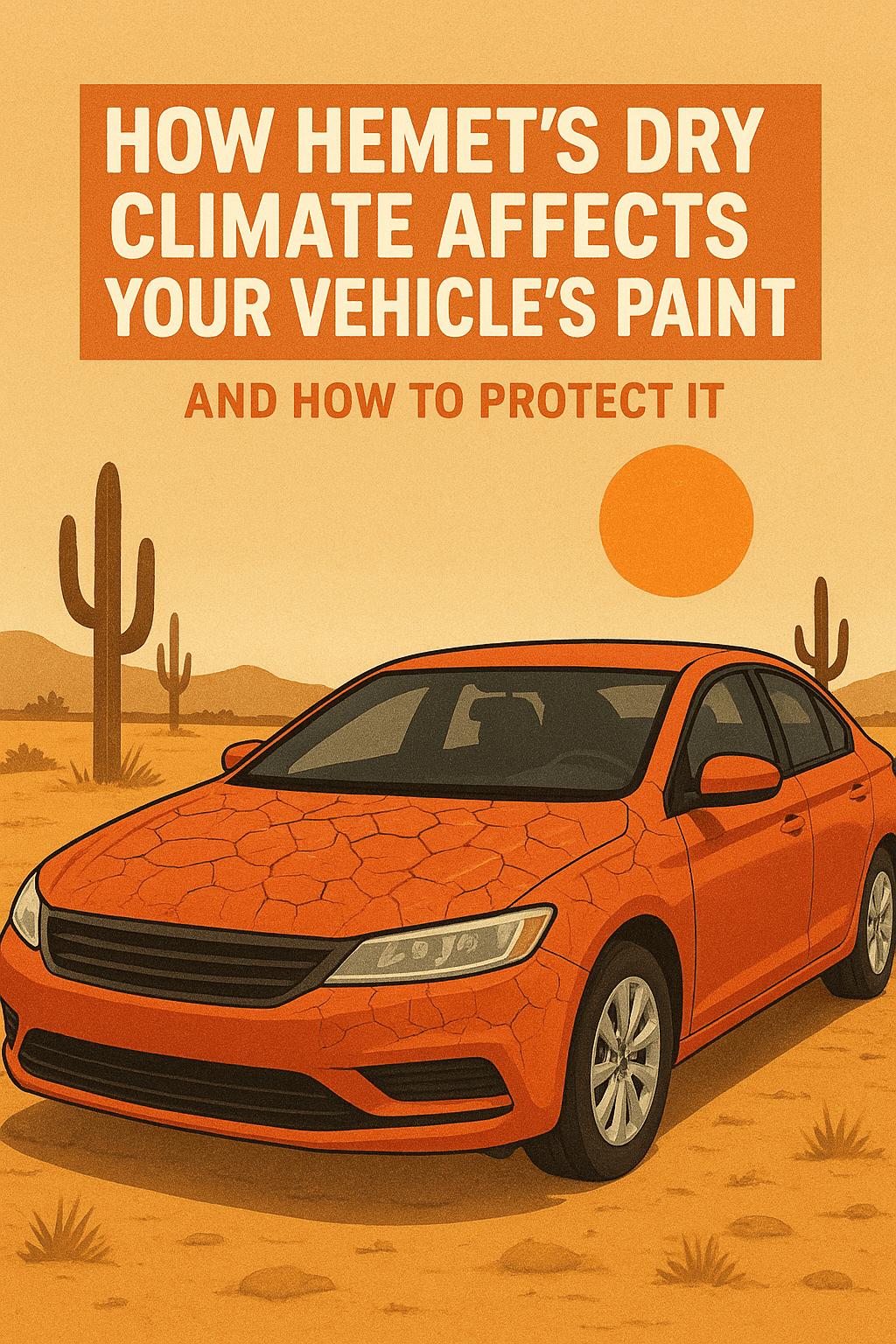 A digital illustration showing a red-orange car in a desert landscape under a bright sun, with cracked and faded paint to represent damage from Hemet’s dry climate. Cacti and dry ground emphasize the harsh, arid conditions. Bold text at the top reads, “How Hemet’s dry climate affects your vehicle’s paint and how to protect it.”