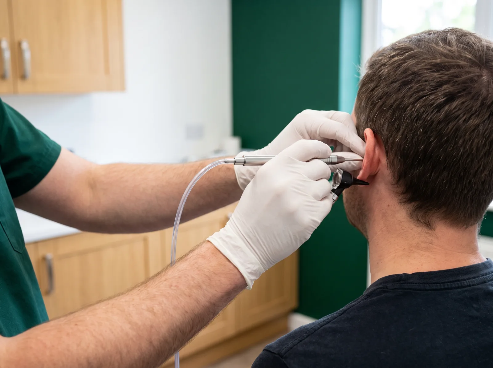 Pharmacist using microsuction equipment to check a patient's ear in the Burntwood Clinic consultation room