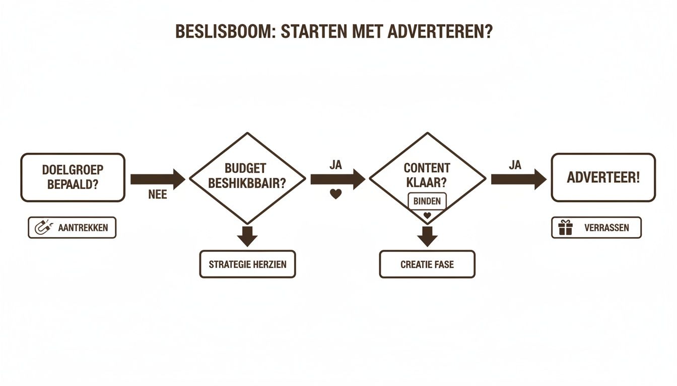 Een beslisboom over het starten met adverteren, met stappen voor doelgroep, budget en content.