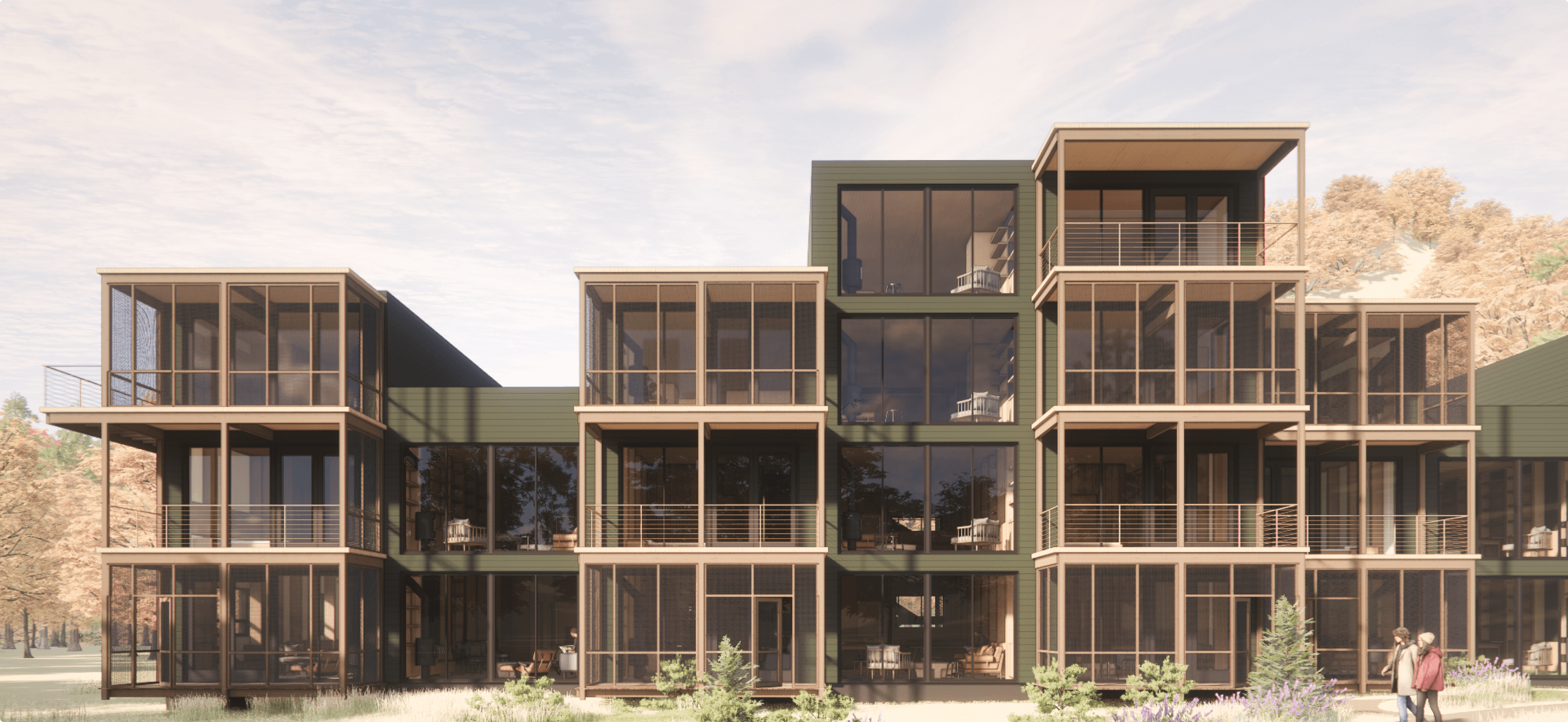 TMBR-designed multifamily housing complex featuring modular timber construction, large windows, and sustainable materials.