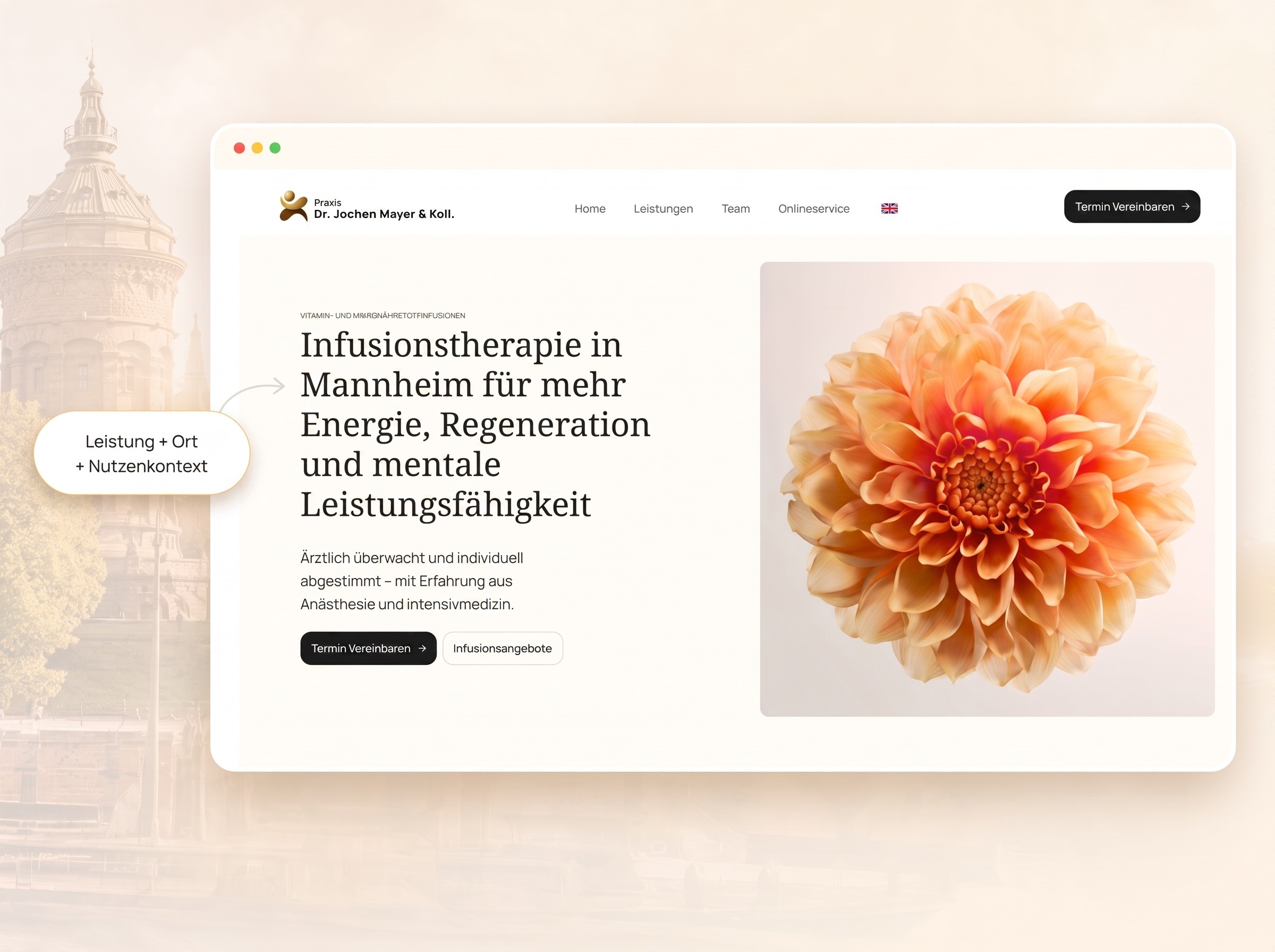Hero-Bereich der Infusionstherapie-Seite mit lokaler Suchintention für Infusionstherapie in Mannheim und klarer Verbindung von Leistung, Ort und Nutzenkontext.