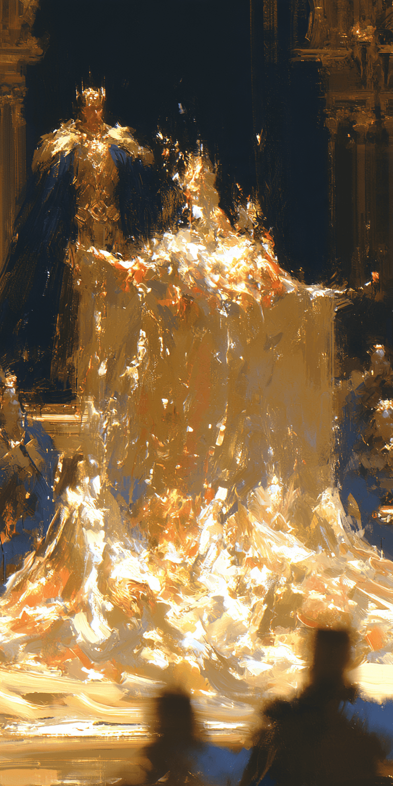 Crowned king beside a blazing golden fire