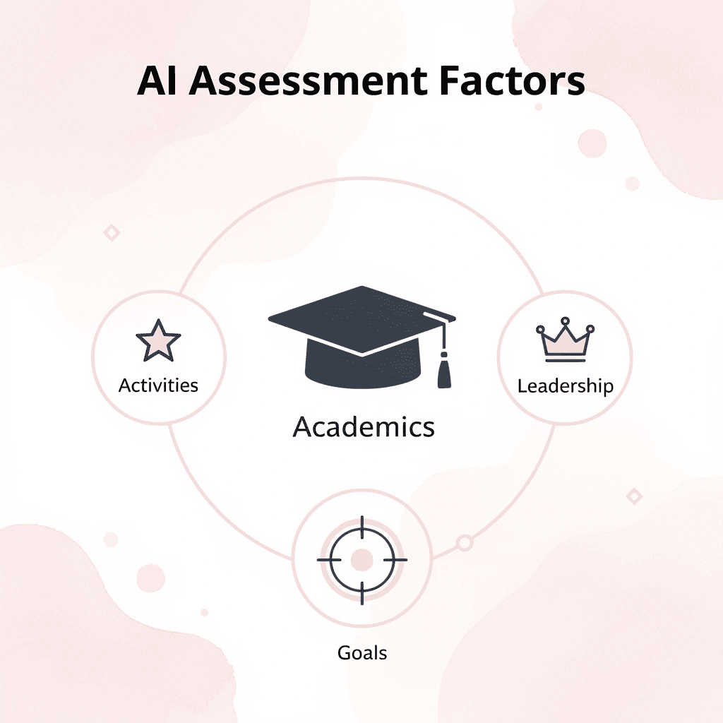 Hub and spoke diagram showing AI analysis of academic metrics, extracurriculars, leadership, and goals