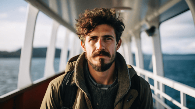 Caucasian man with curly hair and beard on a boat, wearing a green jacket. Calm expression, sea and sky in the background.
