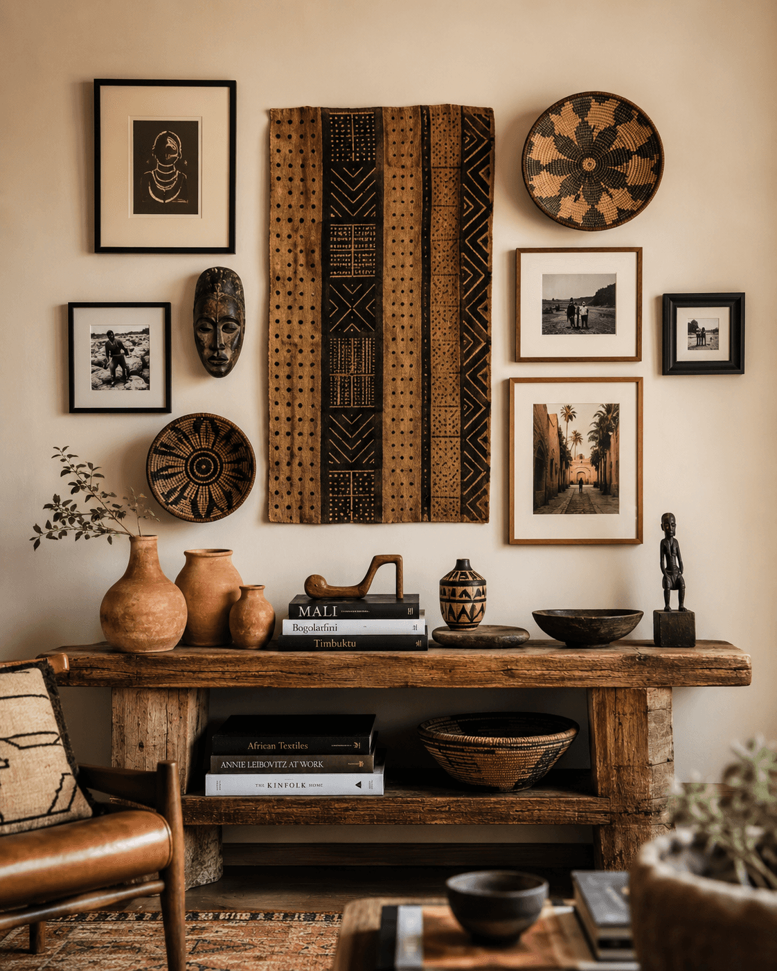 Sophisticated Afrohemian gallery wall featuring African textiles, woven baskets, framed travel photography, terracotta pottery, and a vintage wood console table in a warm, collected living room design.