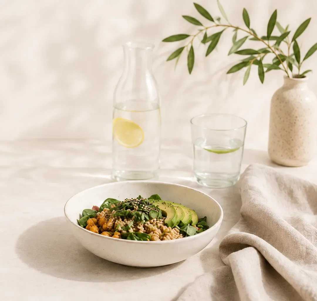 Grain and avocado salad with infused water