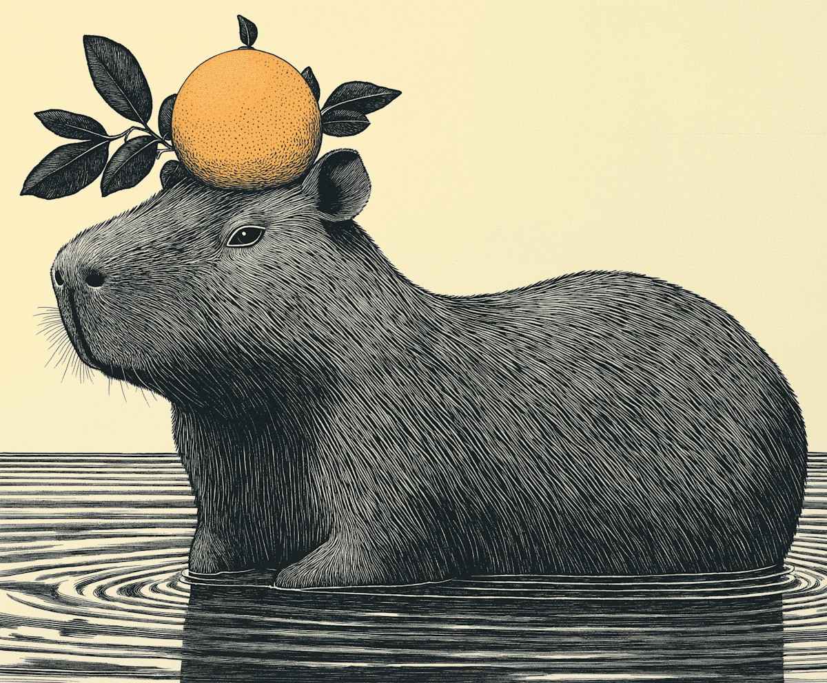A capybara sits in water with an orange balancing on its head, set against a minimalistic background.