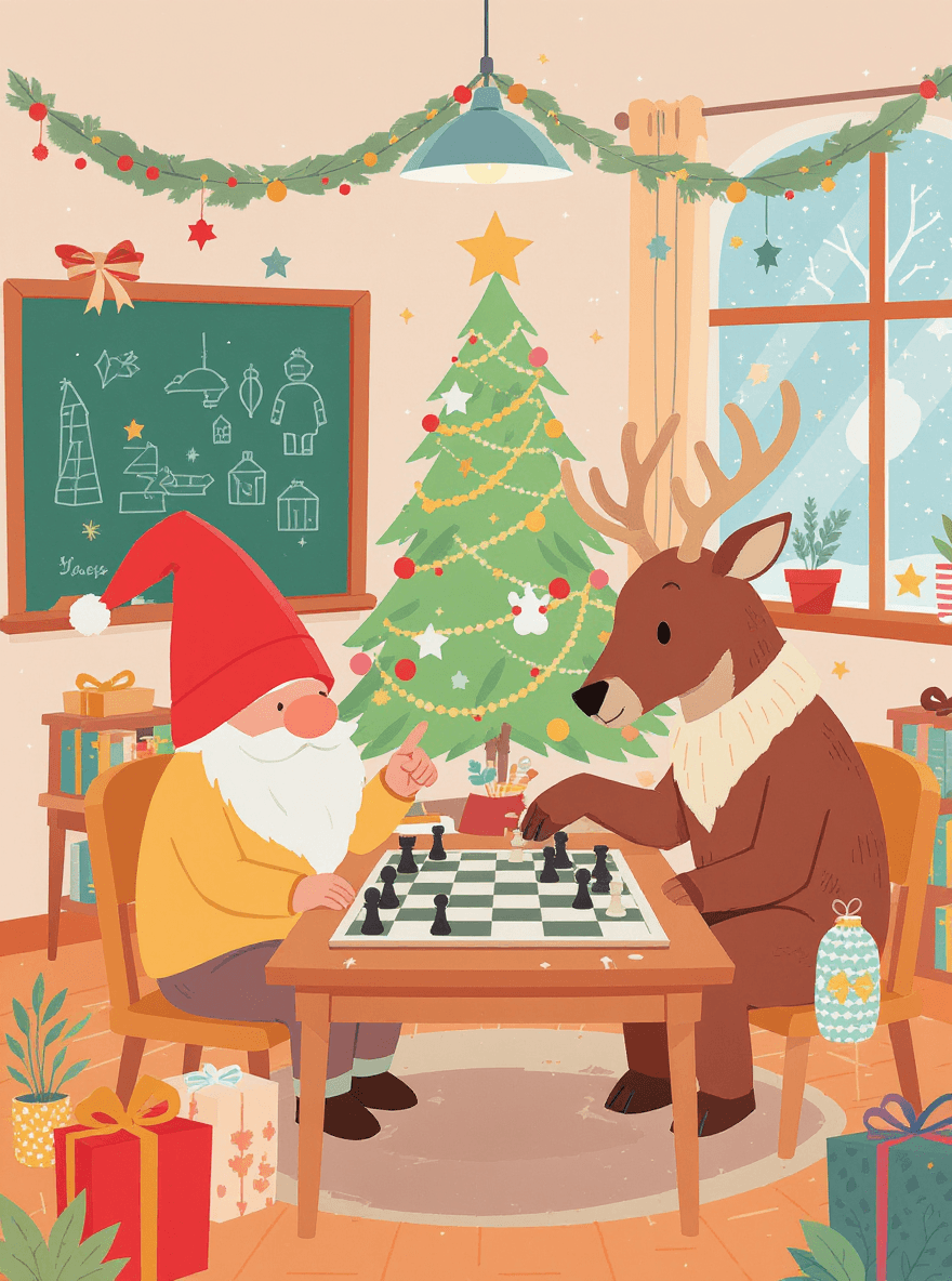 Nisse og rensdyr spiller skak i juletid i klasselokale
