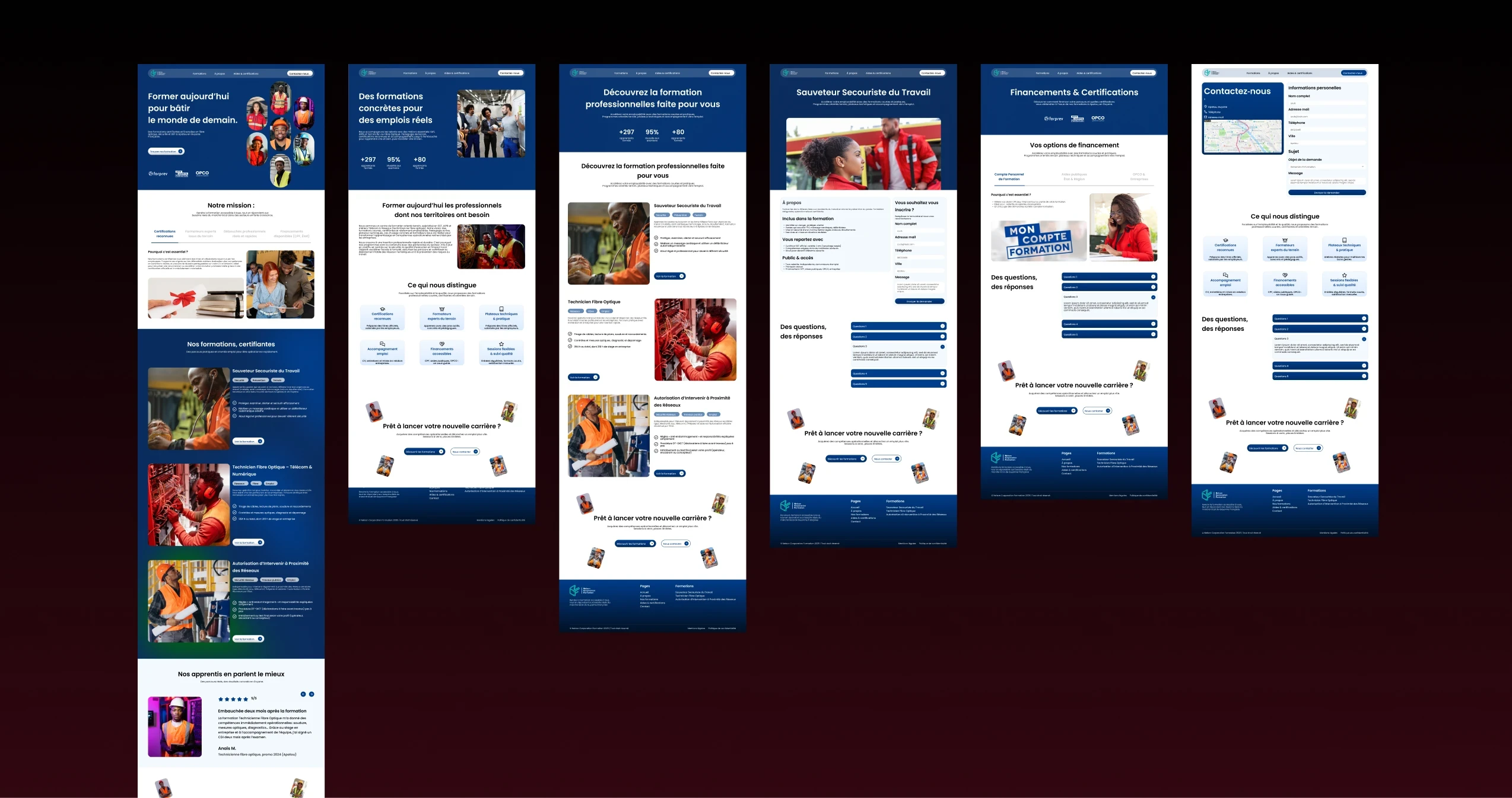 Maquettes des pages du site : accueil, formations, financements, certifications et contact