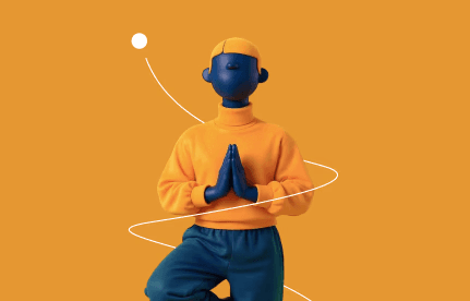 3D render of a blue figure in a yoga tree pose against a mustard yellow background. The figure has hands pressed together in prayer.