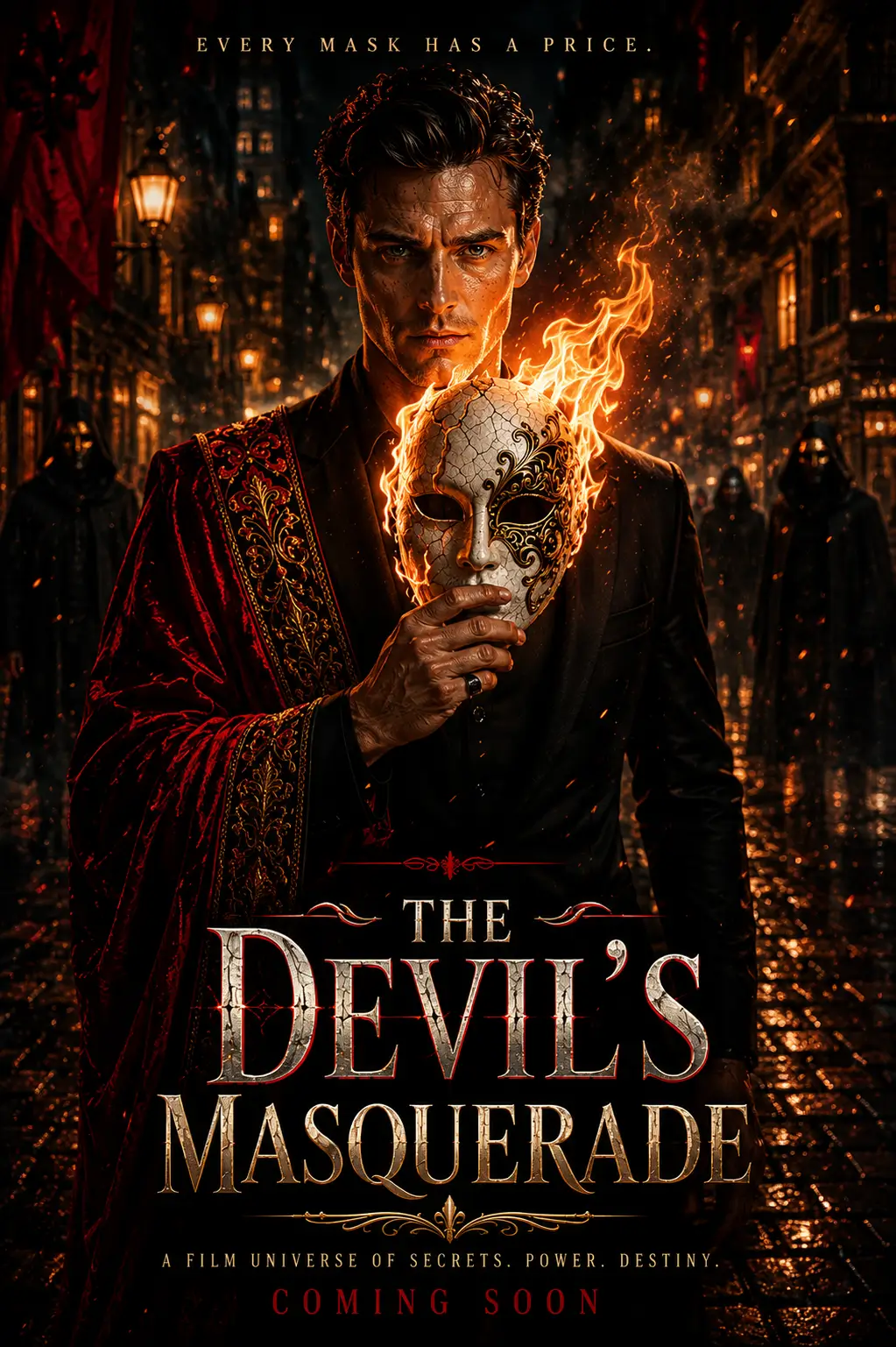 AI-generated dark fantasy poster of a masked man holding a burning skull in a fiery, gothic environment.