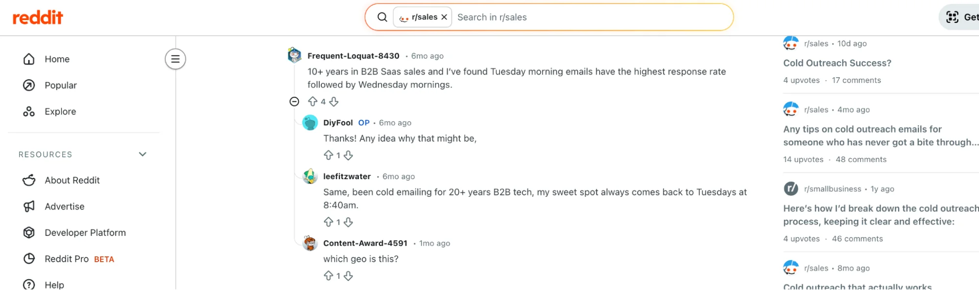 Reddit thread screenshot: reddit thread on the best cold email send times